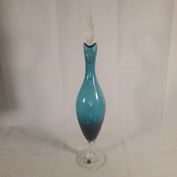 Vintage MCM Italy Empoli Turquoise Blue 14” Ewer Decanter Chipped Stopper RARE - Picture 6 of 16